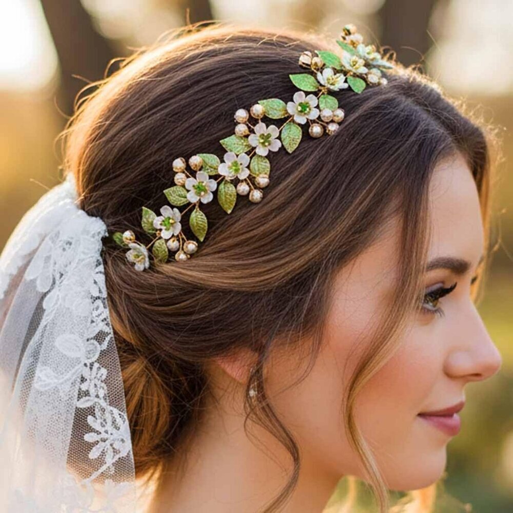 Wedding Bridal Hair Vine Green Flower Headband Leaf Pearl Hair Accessories Women